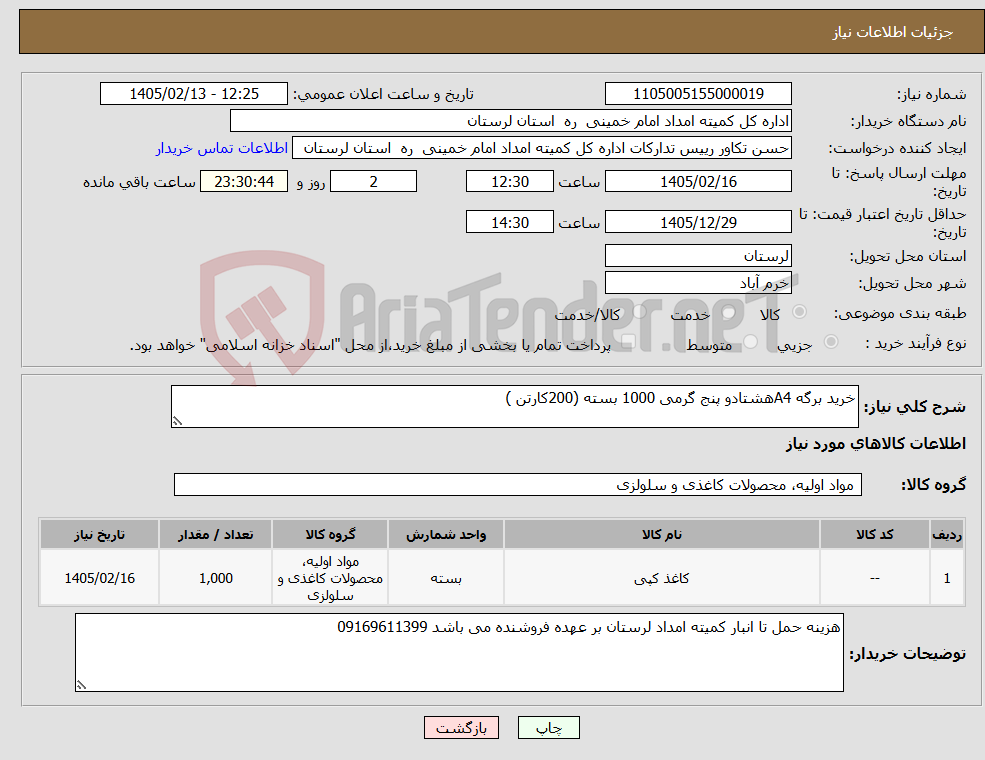 تصویر کوچک آگهی نیاز کالا-خرید برگه A4هشتادو پنج گرمی 1000 بسته (200کارتن )