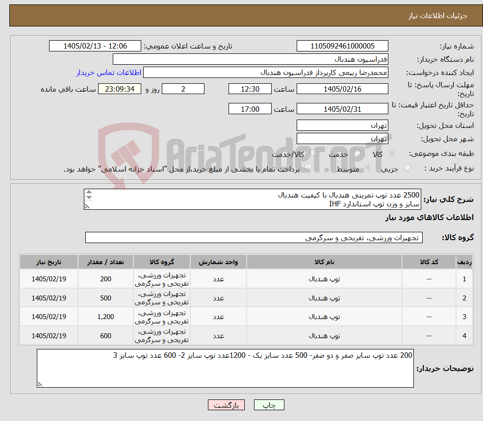 تصویر کوچک آگهی نیاز کالا-2500 عدد توپ تمرینی هندبال با کیفیت هندبال سایز و وزن توپ استاندارد IHF تیوپ اصلی رویه اصلی