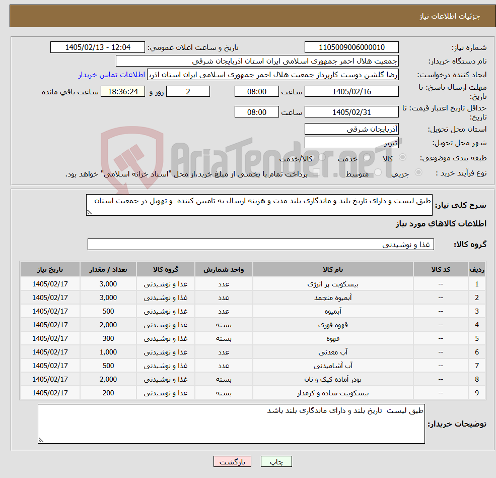 تصویر کوچک آگهی نیاز کالا-طبق لیست و دارای تاریخ بلند و ماندگاری بلند مدت و هزینه ارسال به تامیین کننده و تهویل در جمعیت استان