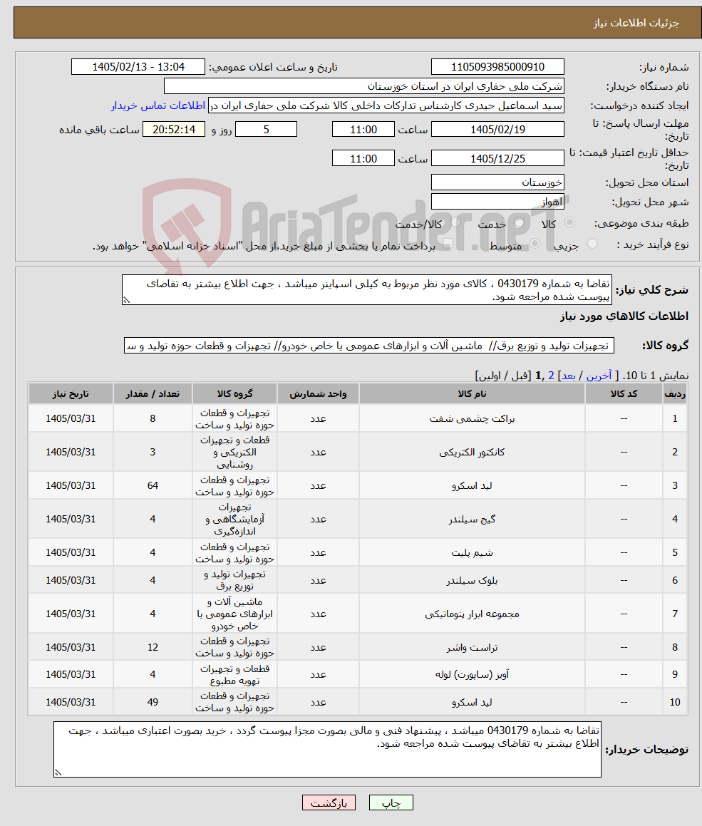 تصویر کوچک آگهی نیاز کالا-تقاضا به شماره 0430179 ، کالای مورد نظر مربوط به کیلی اسپاینر میباشد ، جهت اطلاع بیشتر به تقاضای پیوست شده مراجعه شود.