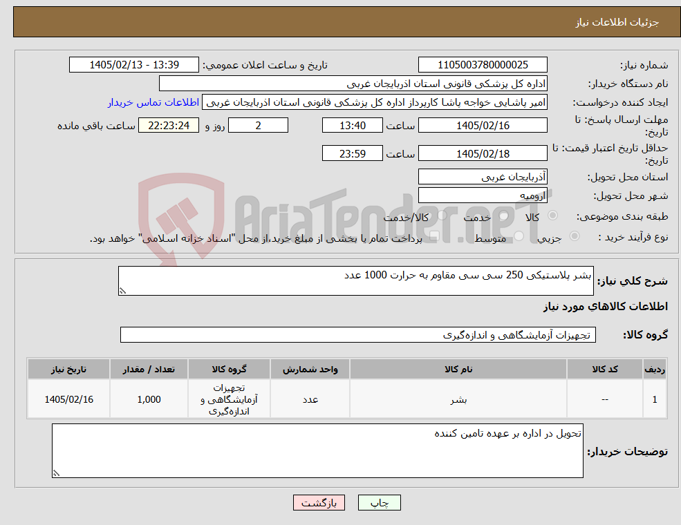 تصویر کوچک آگهی نیاز کالا-بشر پلاستیکی 250 سی سی مقاوم به حرارت 1000 عدد