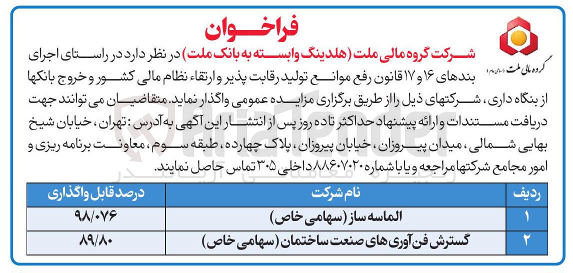تصویر کوچک آگهی فروش سهام