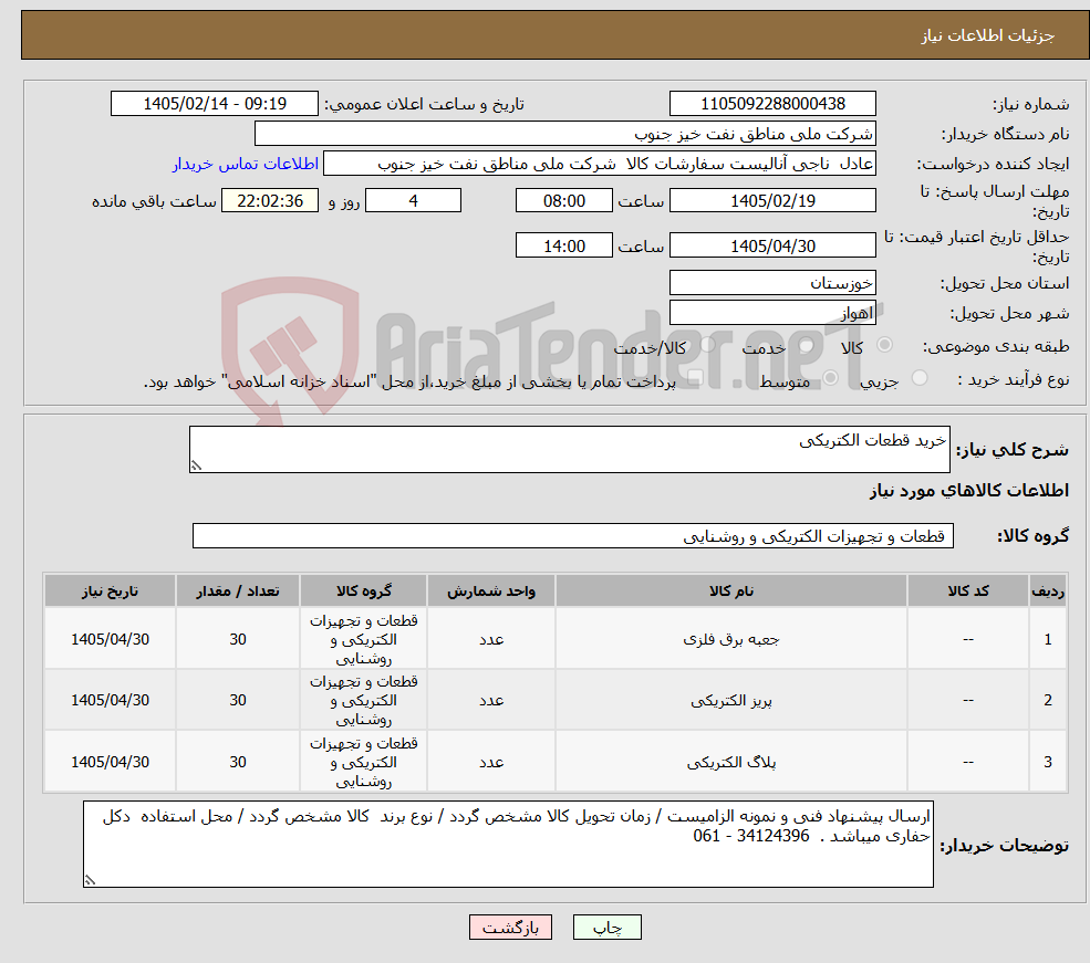 تصویر کوچک آگهی نیاز کالا-خرید قطعات الکتریکی