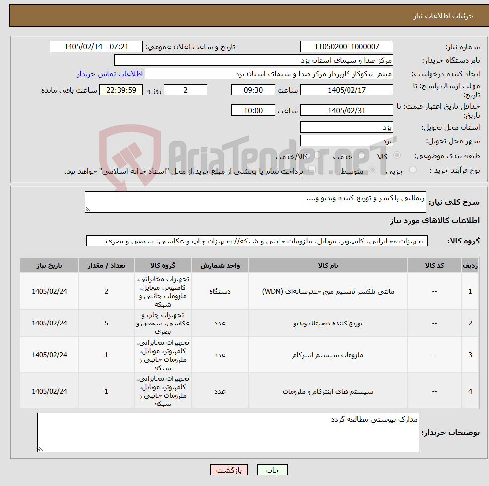 تصویر کوچک آگهی نیاز کالا-ریمالتی پلکسر و توزیع کننده ویدیو و....
