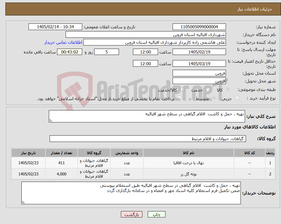 تصویر کوچک آگهی نیاز کالا-تهیه ، حمل و کاشت اقلام گیاهی در سطح شهر اقبالیه