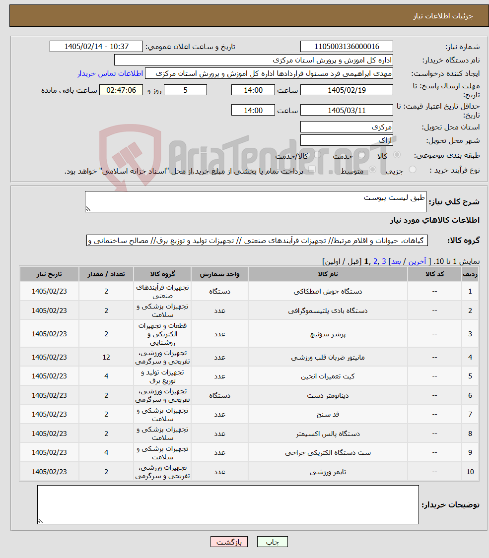 تصویر کوچک آگهی نیاز کالا-طبق لیست پیوست