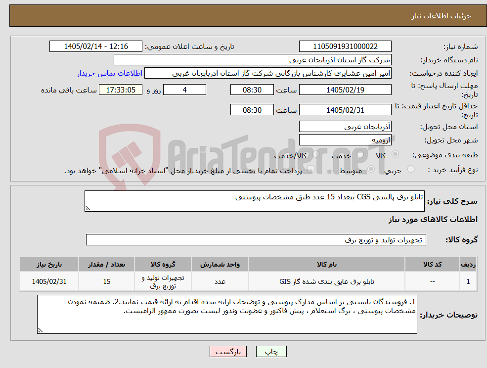 تصویر کوچک آگهی نیاز کالا-تابلو برق پالسی CGS بتعداد 15 عدد طبق مشخصات پیوستی