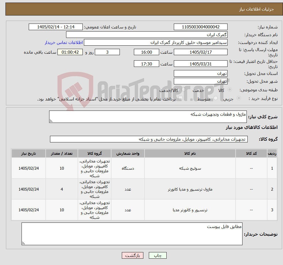 تصویر کوچک آگهی نیاز کالا-ماژول و قطعات وتجهیزات شبکه