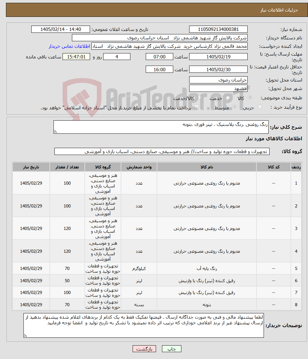 تصویر کوچک آگهی نیاز کالا-رنگ روغنی .رنگ پلاستیک . تینر فوری .بتونه 