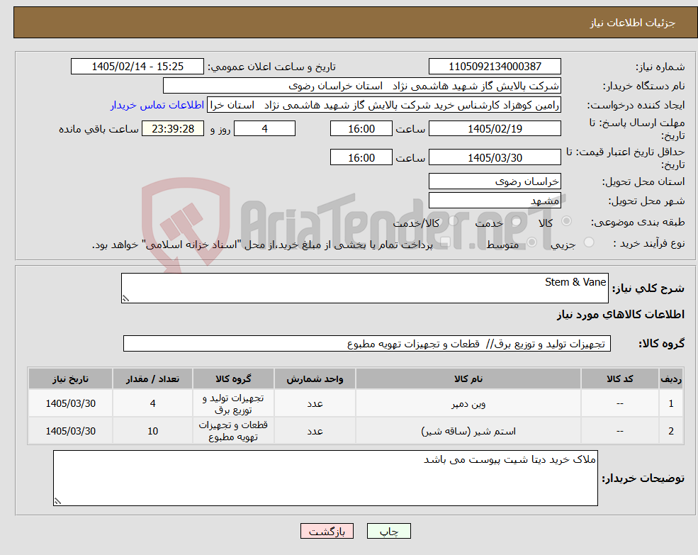 تصویر کوچک آگهی نیاز کالا-Stem & Vane