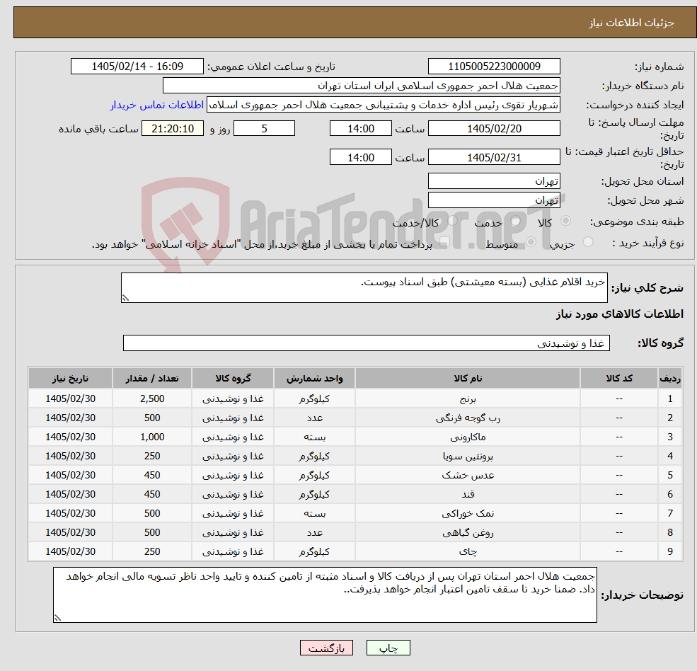 تصویر کوچک آگهی نیاز کالا-خرید اقلام غذایی (بسته معیشتی) طبق اسناد پیوست.