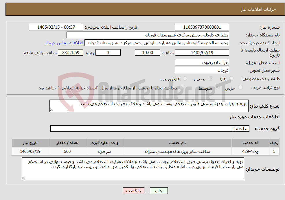 تصویر کوچک آگهی نیاز خدمات-تهیه و اجرای جدول پرسی طبق استعلام پیوست می باشد و ملاک دهیاری استعلام می باشد