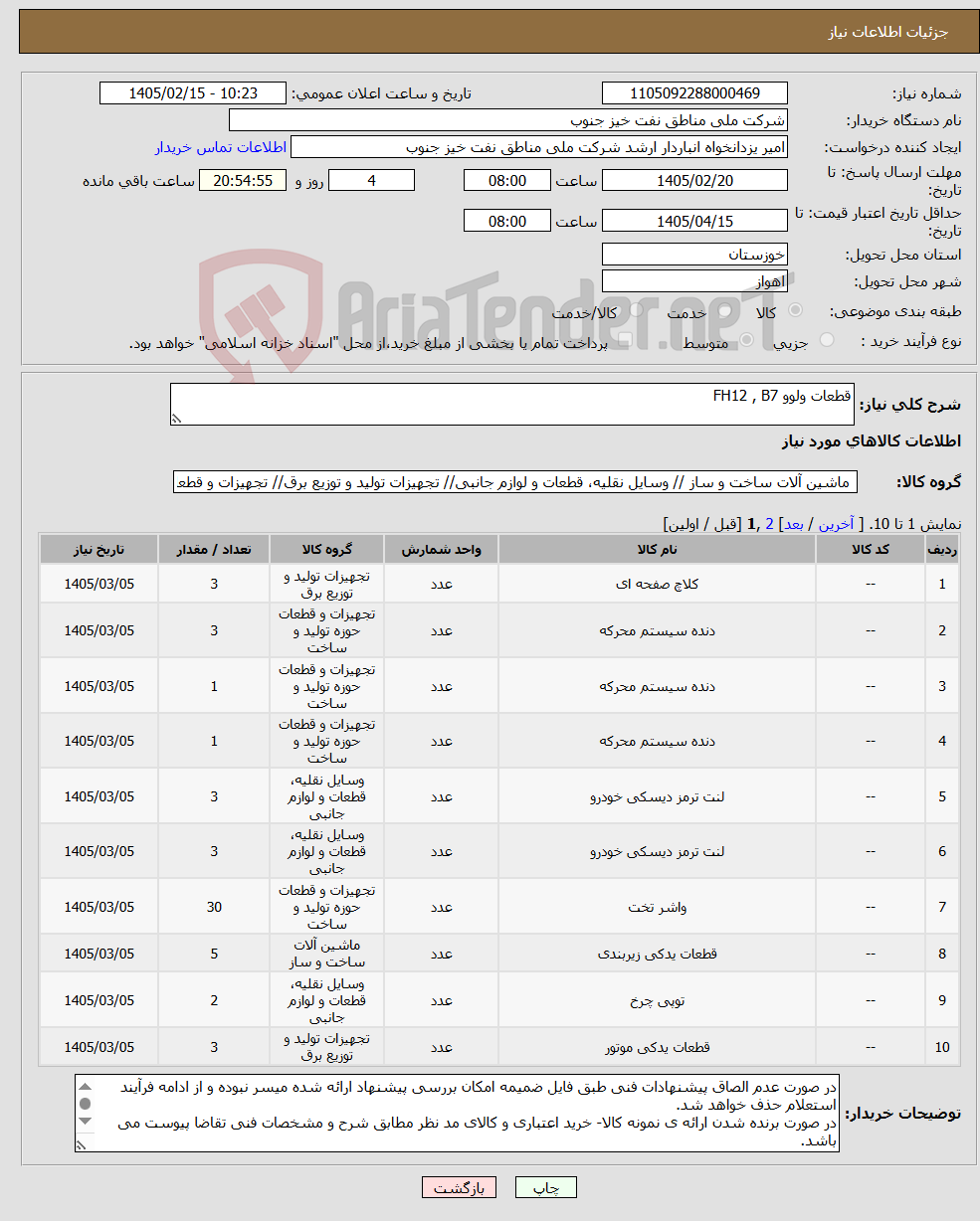تصویر کوچک آگهی نیاز کالا-قطعات ولوو FH12 , B7