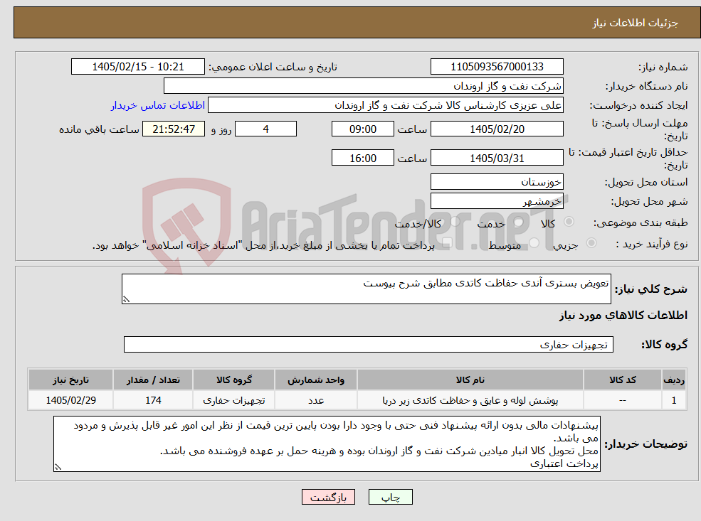 تصویر کوچک آگهی نیاز کالا-تعویض بستری آندی حفاظت کاتدی مطابق شرح پیوست