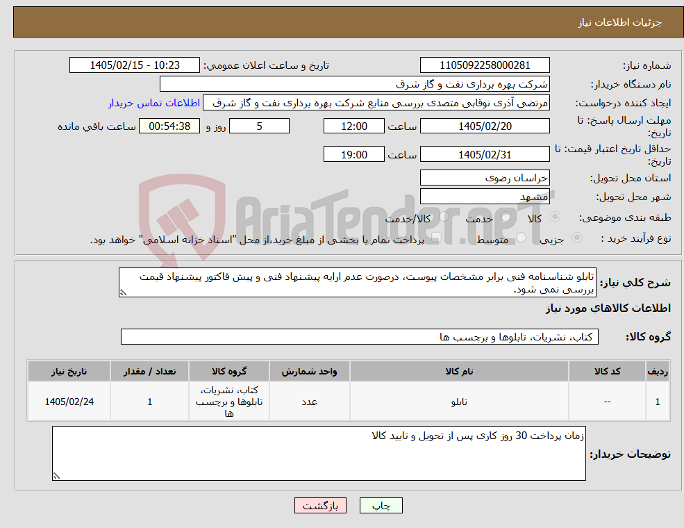 تصویر کوچک آگهی نیاز کالا-تابلو شناسنامه فنی برابر مشخصات پیوست، درصورت عدم ارایه پیشنهاد فنی و پیش فاکتور پیشنهاد قیمت بررسی نمی شود.
