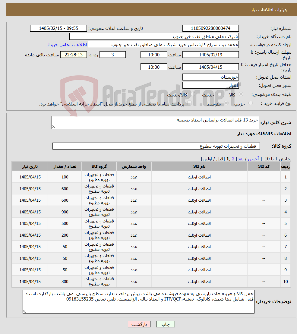 تصویر کوچک آگهی نیاز کالا-خرید 13 قلم اتصالات براساس اسناد ضمیمه