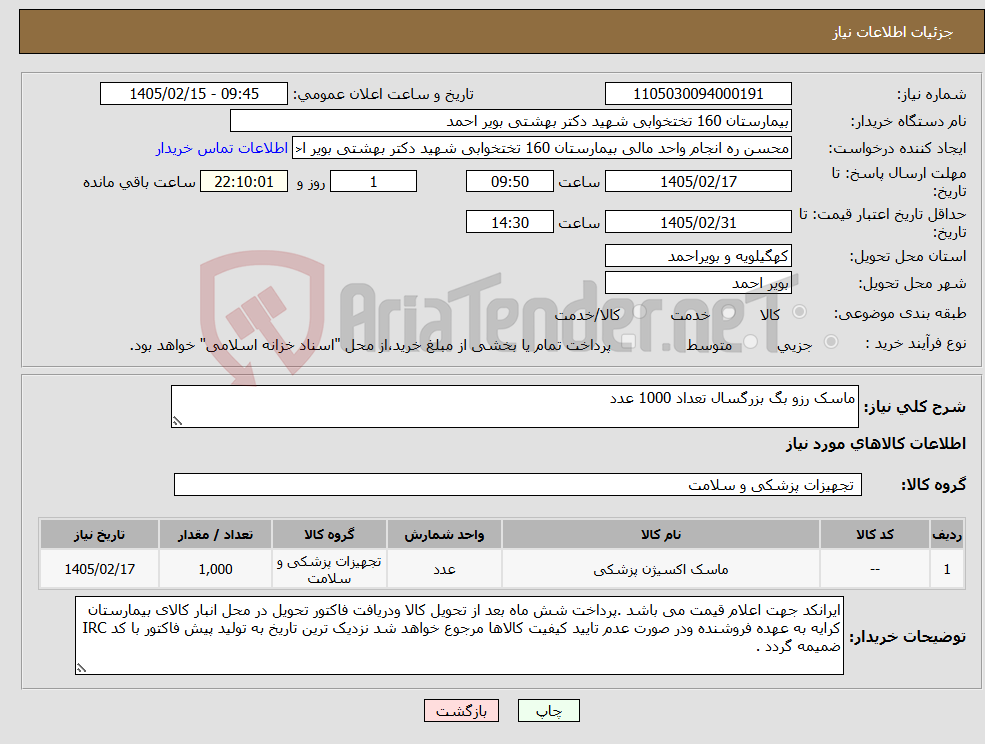 تصویر کوچک آگهی نیاز کالا-ماسک رزو بگ بزرگسال تعداد 1000 عدد