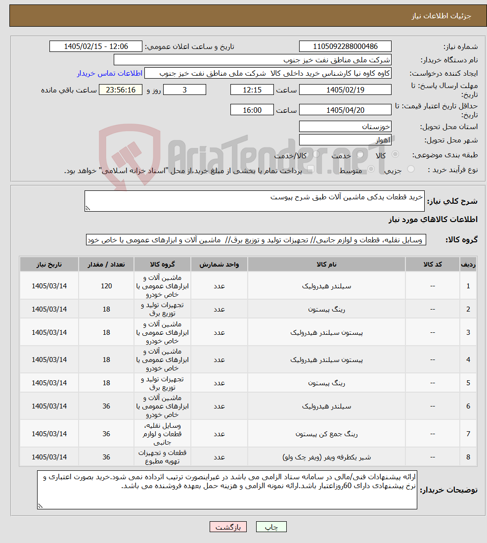 تصویر کوچک آگهی نیاز کالا-خرید قطعات یدکی ماشین آلات طبق شرح پیوست