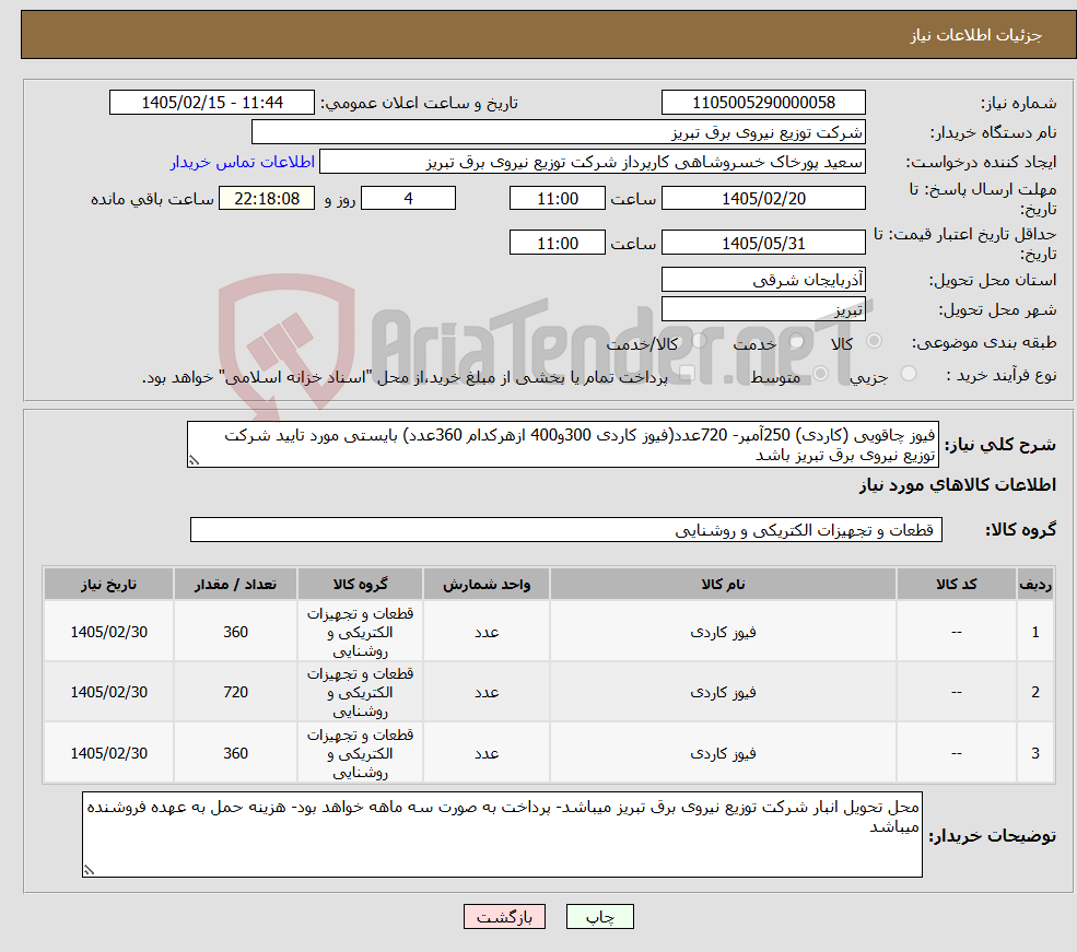 تصویر کوچک آگهی نیاز کالا-فیوز چاقویی (کاردی) 250آمپر- 720عدد(فیوز کاردی 300و400 ازهرکدام 360عدد) بایستی مورد تایید شرکت توزیع نیروی برق تبریز باشد