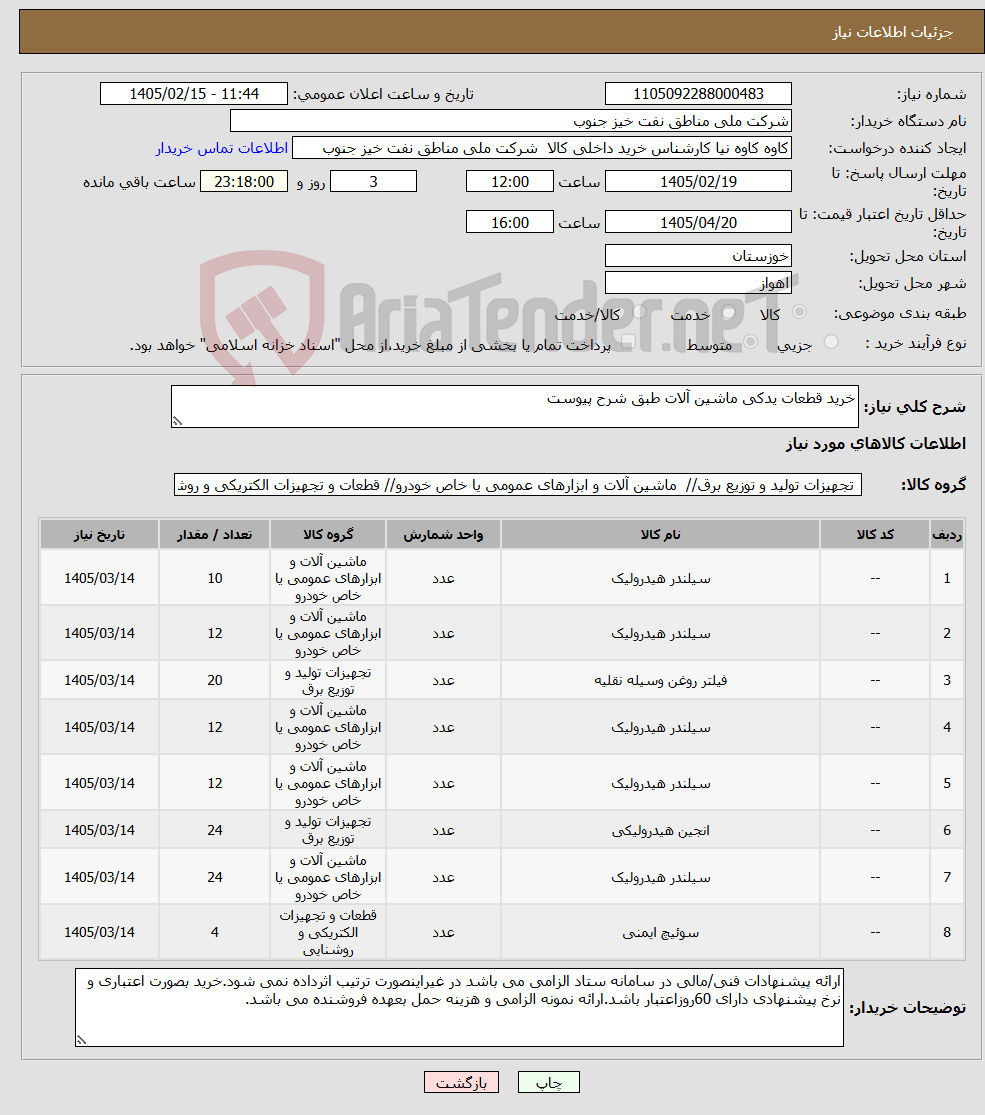 تصویر کوچک آگهی نیاز کالا-خرید قطعات یدکی ماشین آلات طبق شرح پیوست