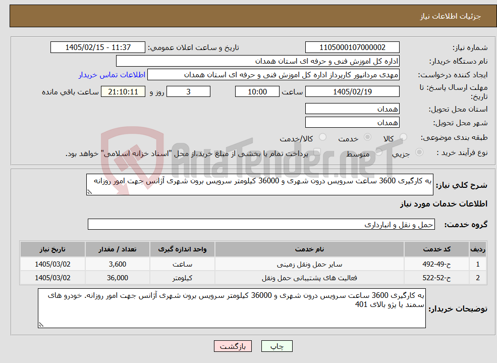 تصویر کوچک آگهی نیاز خدمات-به کارگیری 3600 ساعت سرویس درون شهری و 36000 کیلومتر سرویس برون شهری آژانس جهت امور روزانه