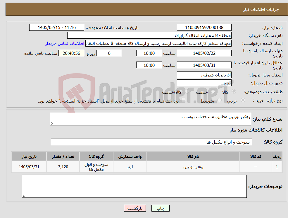 تصویر کوچک آگهی نیاز کالا-روغن توربین مطابق مشخصات پیوست
