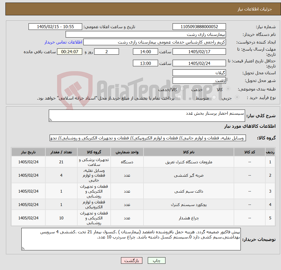 تصویر کوچک آگهی نیاز کالا-سیستم احضار پرستار بخش غدد