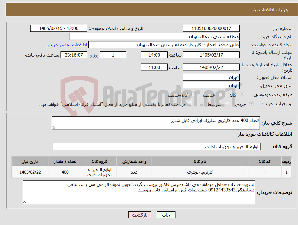 تصویر کوچک آگهی نیاز کالا-تعداد 400 عدد کارتریج شارژی ایرانی قابل شارژ