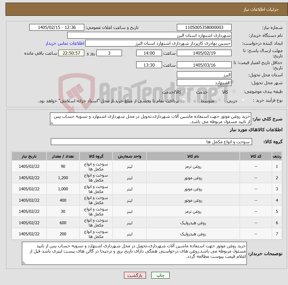 تصویر کوچک آگهی نیاز کالا-خرید روغن موتور جهت استفاده ماشین آلات شهرداری،تحویل در محل شهرداری اشتهارد و تسویه حساب پس از تایید مسئول مربوطه می باشد.