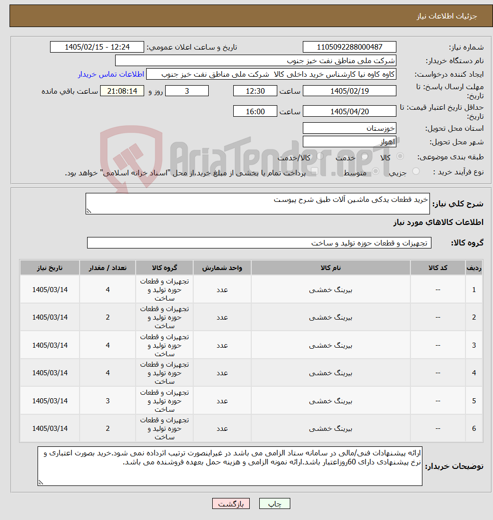 تصویر کوچک آگهی نیاز کالا-خرید قطعات یدکی ماشین آلات طبق شرح پیوست