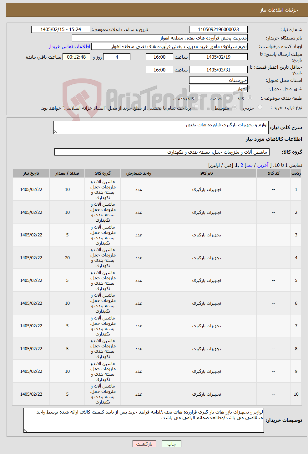 تصویر کوچک آگهی نیاز کالا-لوازم و تجهیزات بارگیری فراورده های نفتی