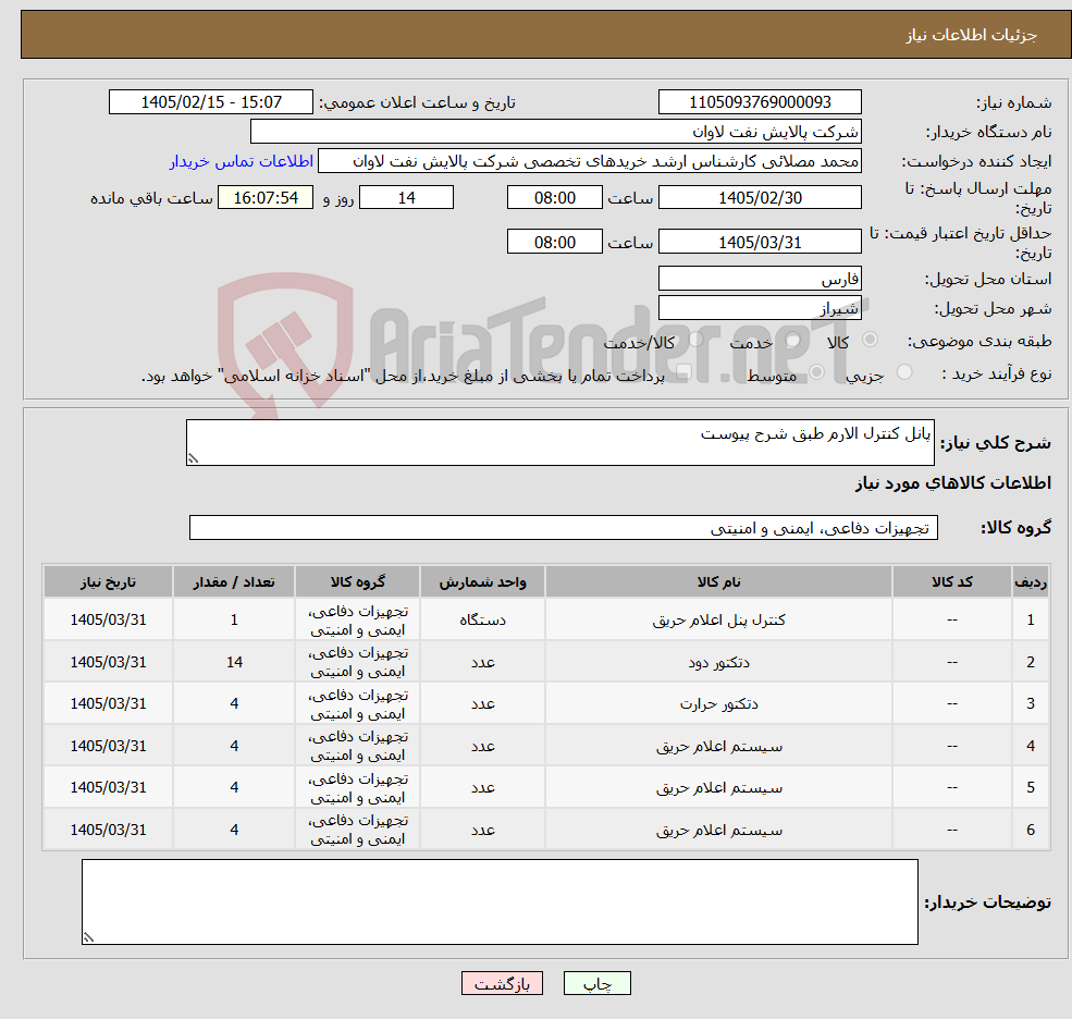 تصویر کوچک آگهی نیاز کالا-پانل کنترل الارم طبق شرح پیوست