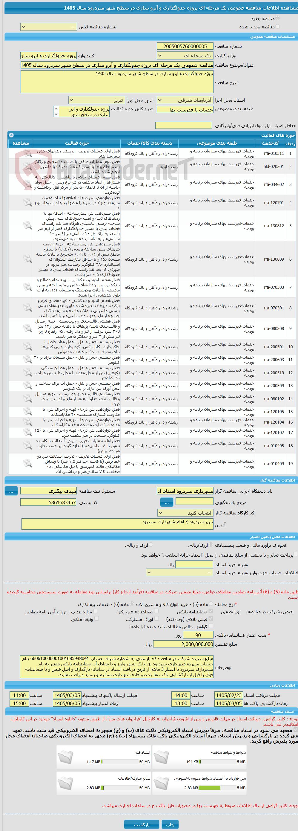 تصویر کوچک آگهی مناقصه عمومی یک مرحله ای پروژه جدولگذاری و آبرو سازی در سطح شهر سردرود سال 1405