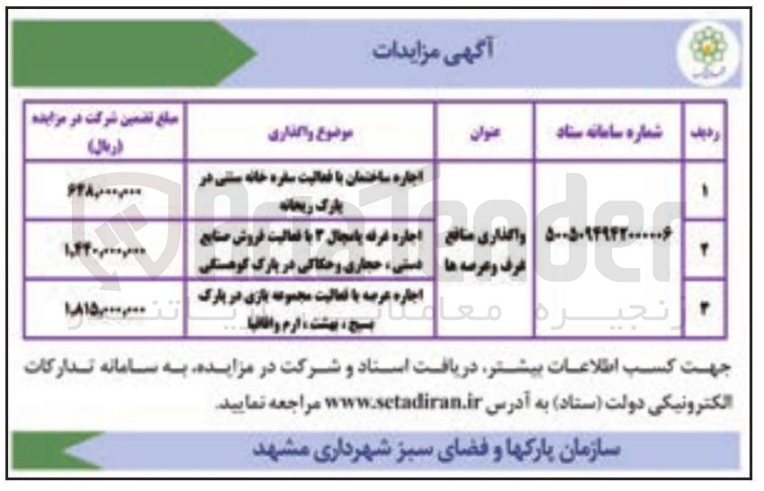 تصویر کوچک آگهی واگذاری منافع غرف و عرصه ها 