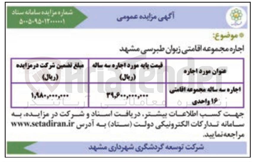 تصویر کوچک آگهی اجاره سه ساله مجموعه اقامتی ۱۶ واحدی 