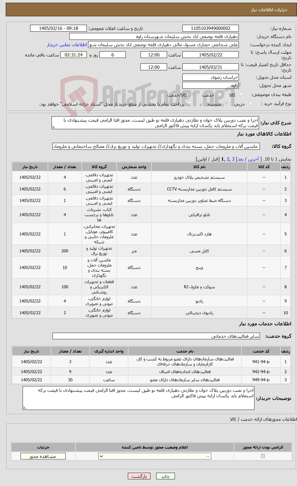 تصویر کوچک آگهی نیاز خدمت/کالا-اجرا و نصب دوربین پلاک خوان و نظارتی دهیاری قلعه نو طبق لیست. مجوز افتا الزامی قیمت پیشنهادی با قیمت برکه استعلام باید یکسان ارایه پیش فاکتور الزامی