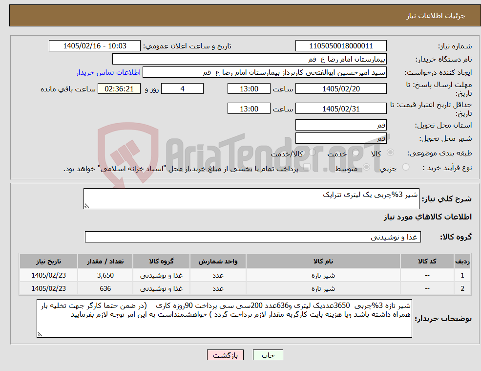 تصویر کوچک آگهی نیاز کالا-شیر 3%چربی یک لیتری تتراپک