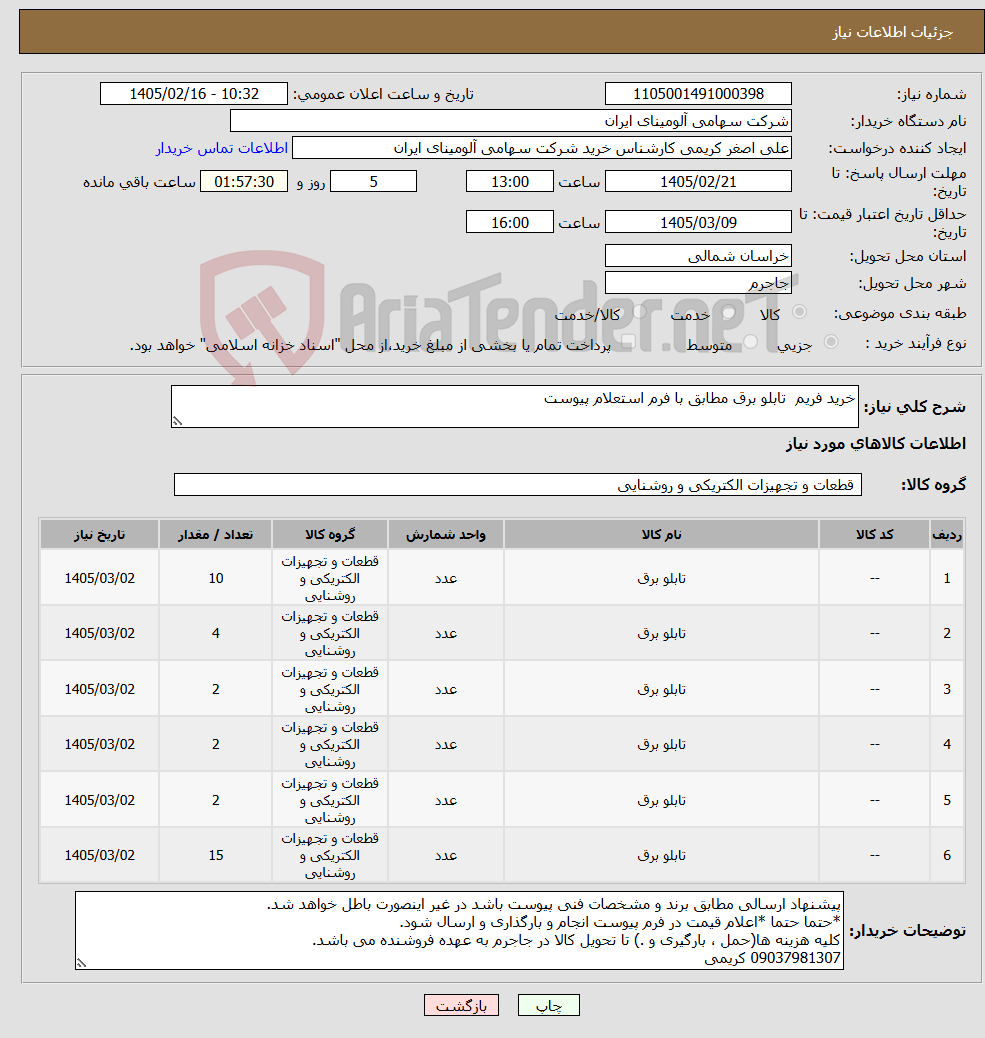 تصویر کوچک آگهی نیاز کالا-خرید فریم تابلو برق مطابق با فرم استعلام پیوست
