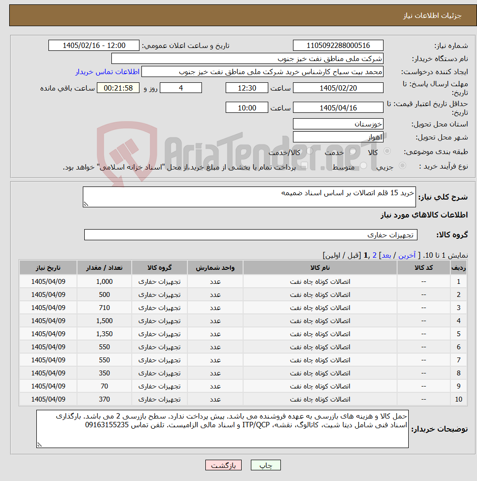 تصویر کوچک آگهی نیاز کالا-خرید 15 قلم اتصالات بر اساس اسناد ضمیمه