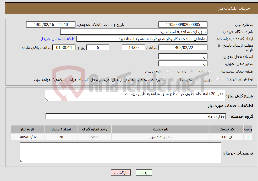 تصویر کوچک آگهی نیاز خدمات-حفر 20حلقه چاه جذبی در سطح شهر شاهدیه طبق پیوست