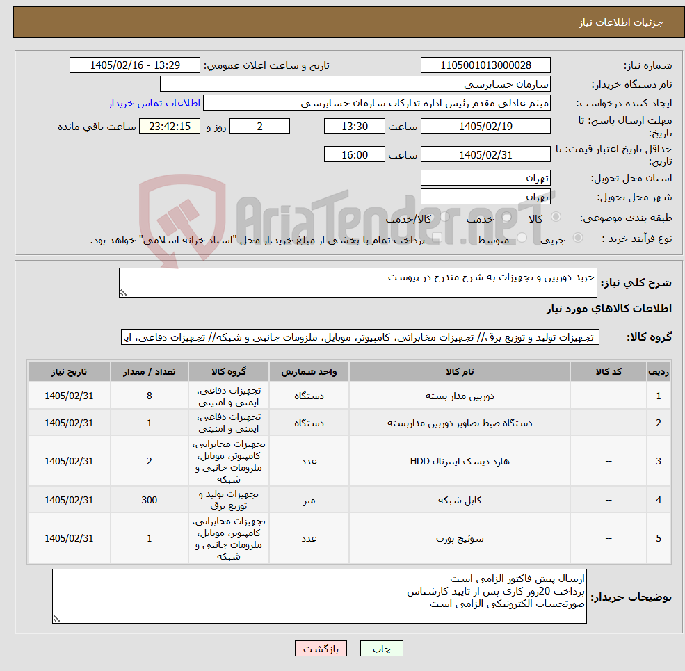 تصویر کوچک آگهی نیاز کالا-خرید دوربین و تجهیزات به شرح مندرج در پیوست