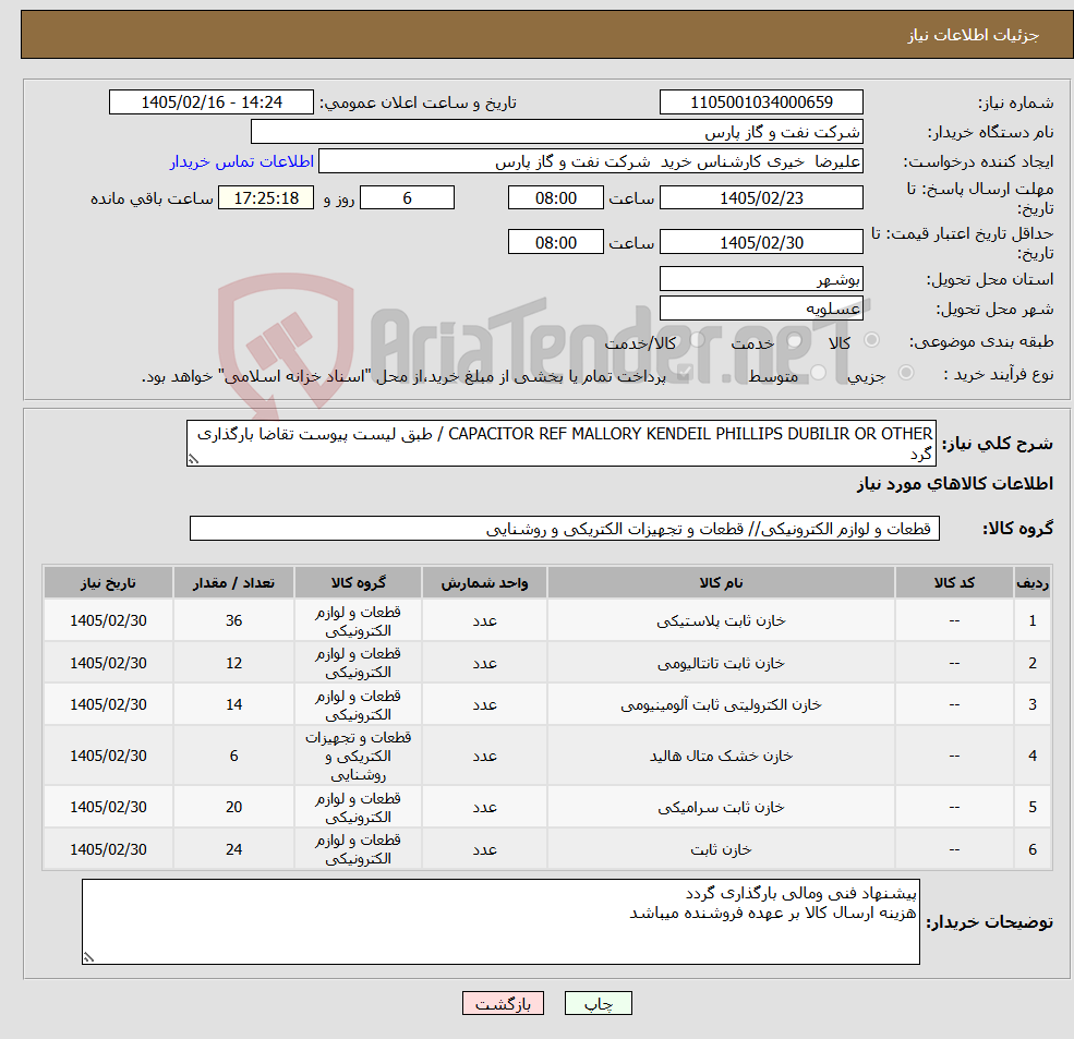تصویر کوچک آگهی نیاز کالا-CAPACITOR REF MALLORY KENDEIL PHILLIPS DUBILIR OR OTHER / طبق لیست پیوست تقاضا بارگذاری گرد