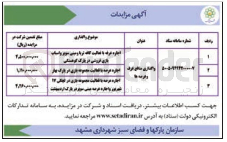 تصویر کوچک آگهی واگذاری منافع غرف و عرصه ها