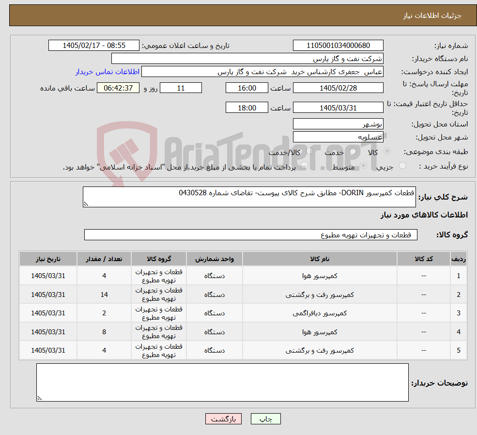 تصویر کوچک آگهی نیاز کالا-قطعات کمپرسور DORIN- مطابق شرح کالای پیوست- تقاضای شماره 0430528