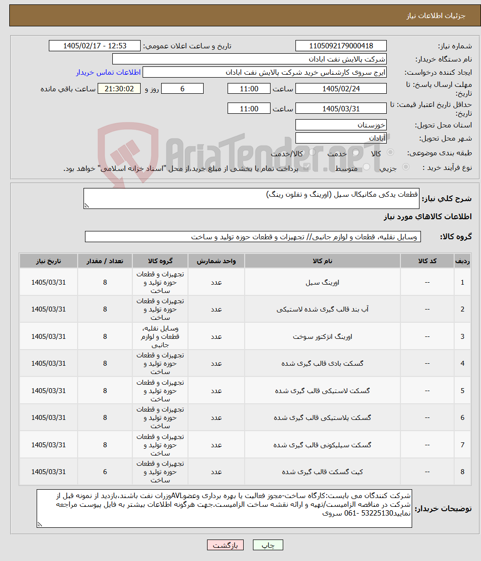 تصویر کوچک آگهی نیاز کالا-قطعات یدکی مکانیکال سیل (اورینگ و تفلون رینگ)