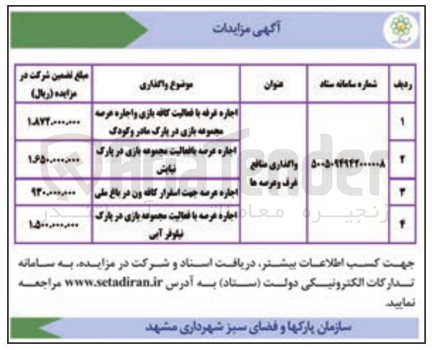 تصویر کوچک آگهی واگذاری منافع غرف و عرصه ها