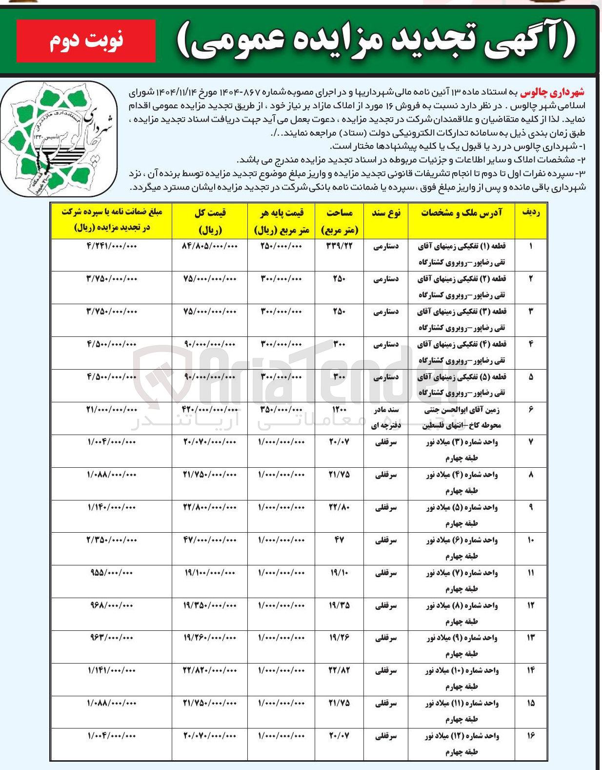 تصویر کوچک آگهی فروش ۱۶ مورد از املاک 