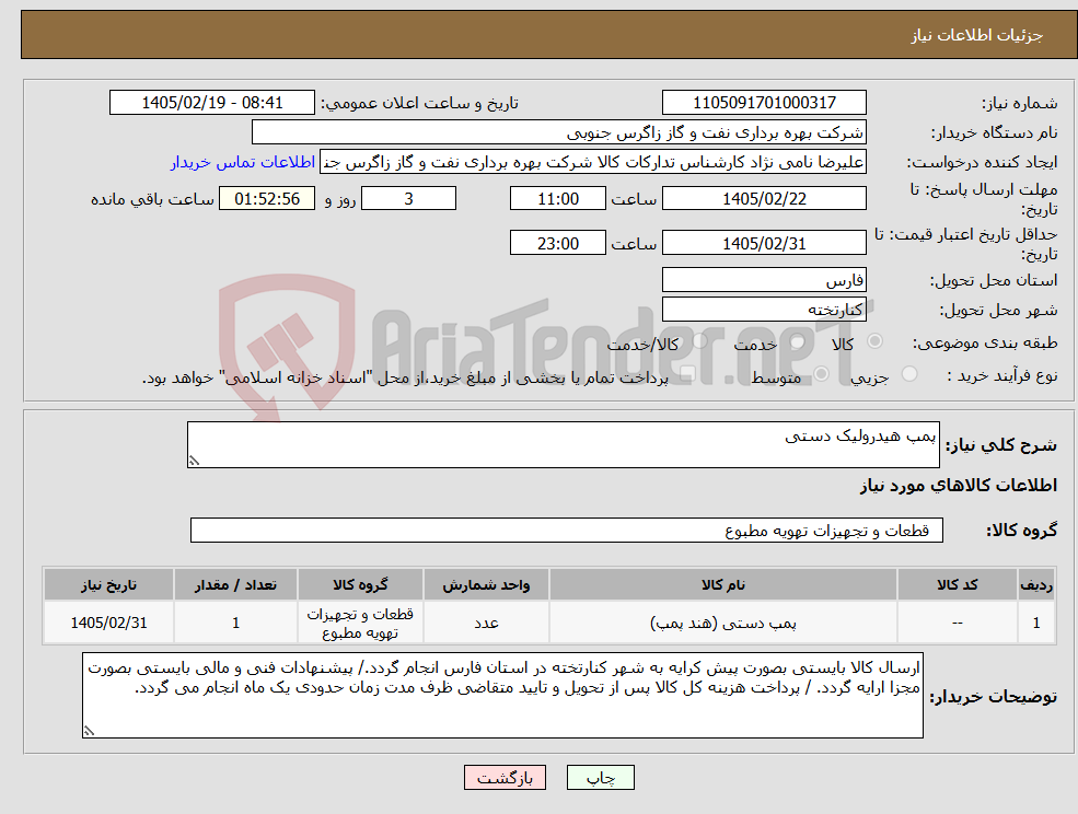تصویر کوچک آگهی نیاز کالا-پمپ هیدرولیک دستی