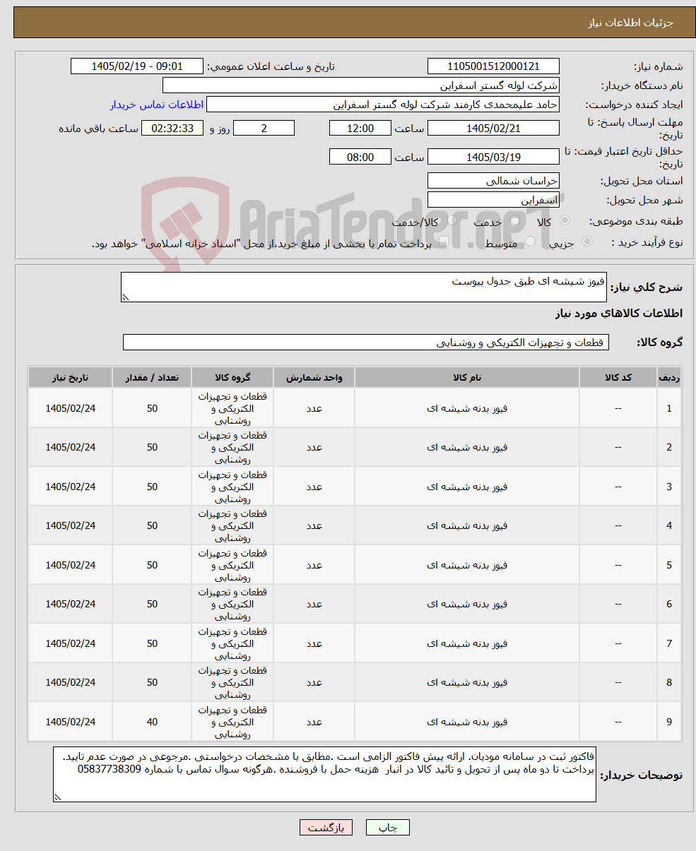 تصویر کوچک آگهی نیاز کالا-فیوز شیشه ای طبق جدول پیوست