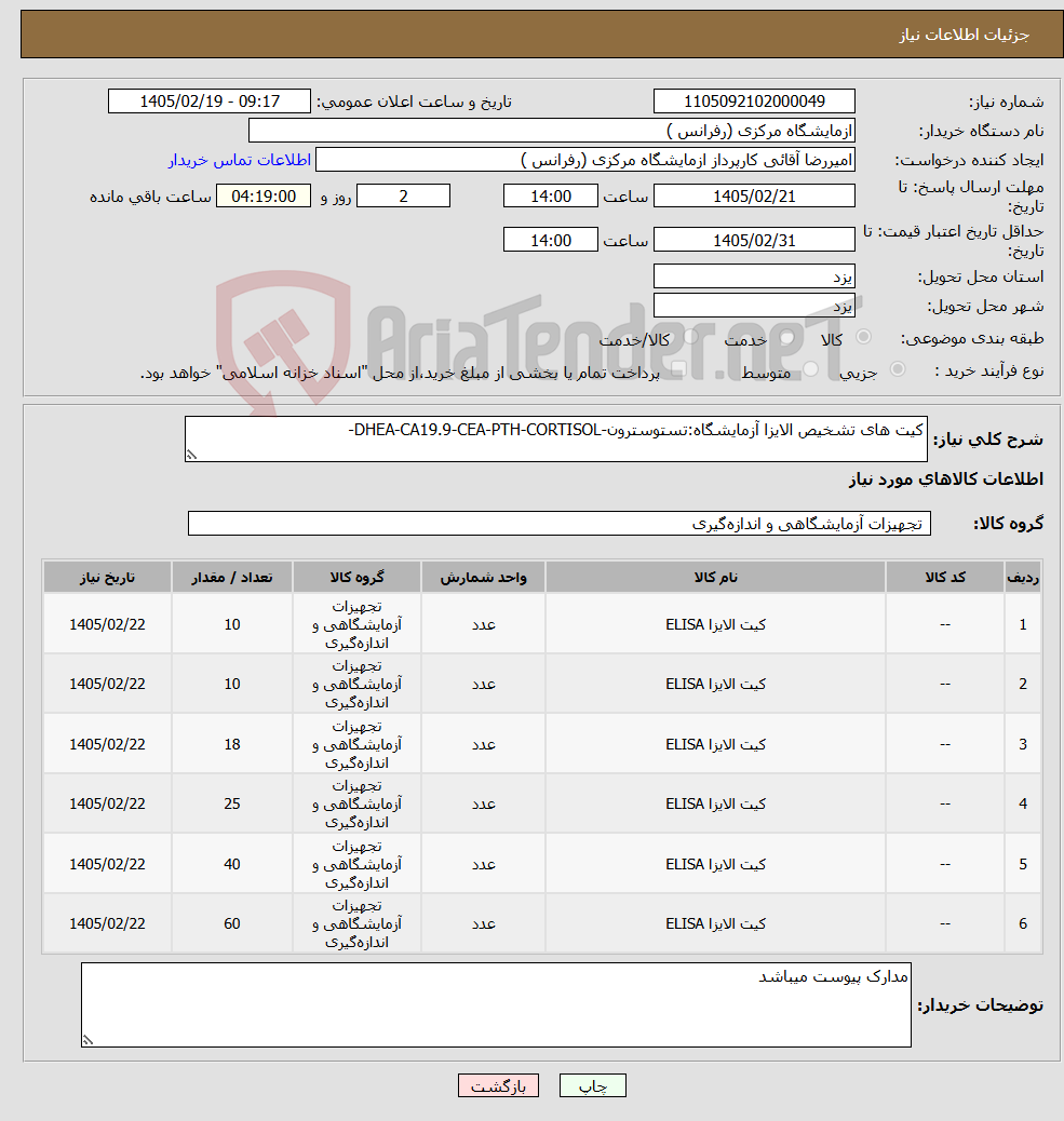 تصویر کوچک آگهی نیاز کالا-کیت های تشخیص الایزا آزمایشگاه:تستوسترون-DHEA-CA19.9-CEA-PTH-CORTISOL-